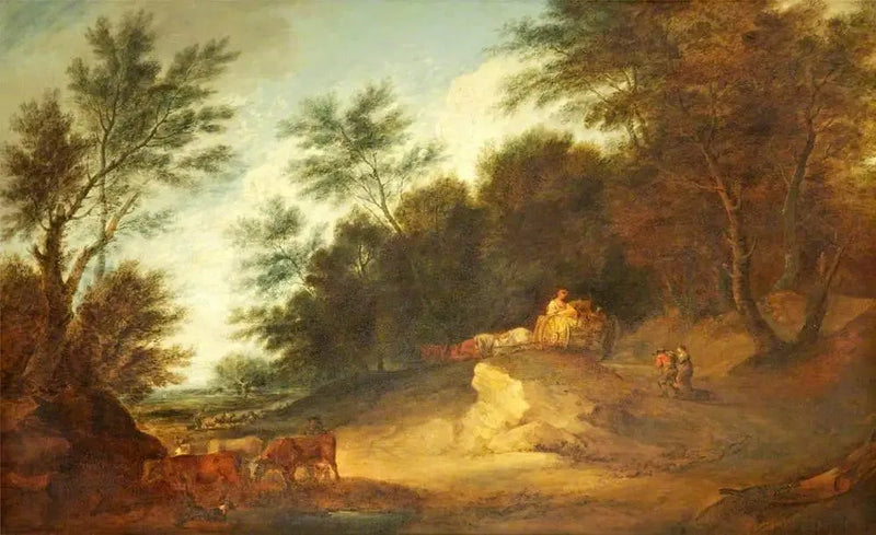 Paisagem arborizada com personagens em uma carroça de campo e gado - Thomas Gainsborough