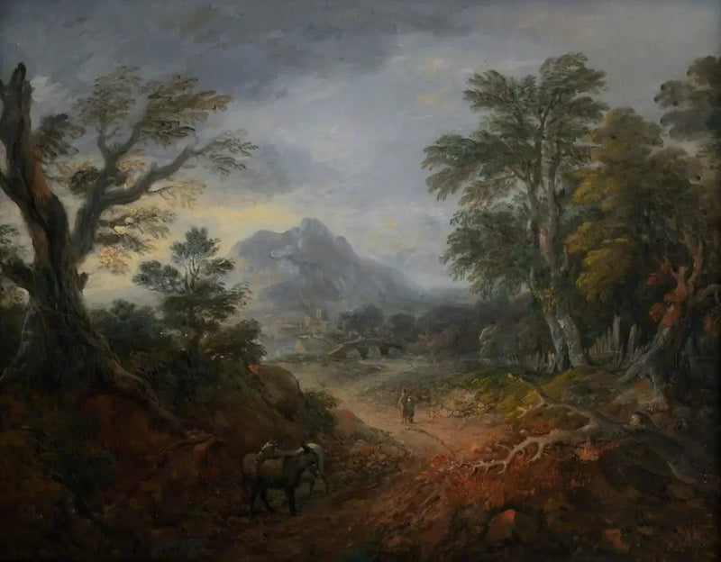 Paisagem arborizada com personagens, ponte, burros, edifícios ao longe e montanha - Thomas Gainsborough