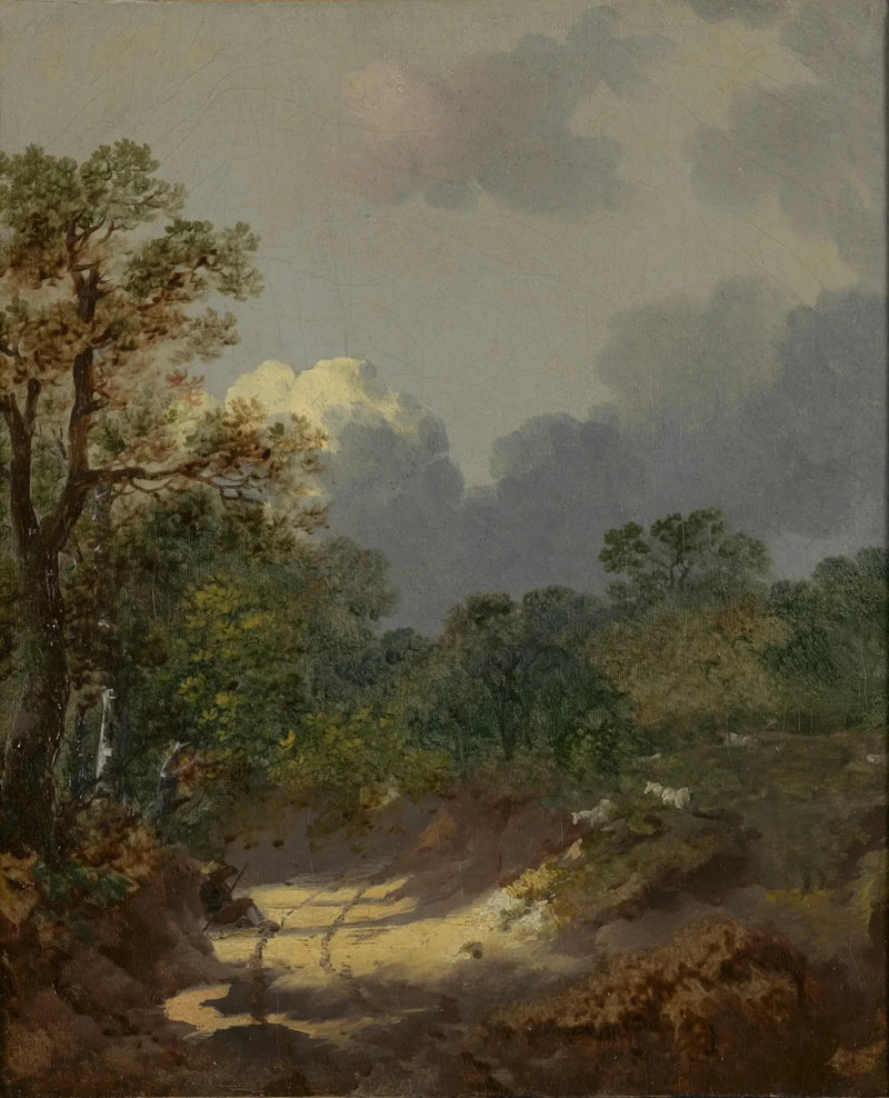 Paisagem arborizada com um pastor descansando em uma estrada ensolarada com ovelhas - Thomas Gainsborough