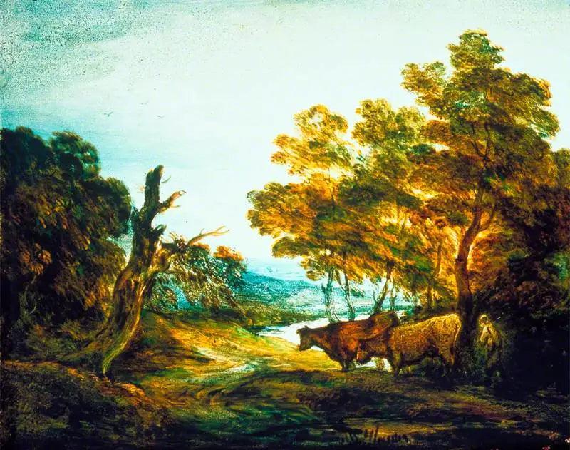 Paisagem arborizada com um pastor e duas vacas - Thomas Gainsborough