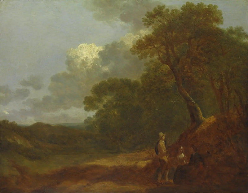 Paisagem arborizada com um homem conversando com duas mulheres sentadas - Thomas Gainsborough