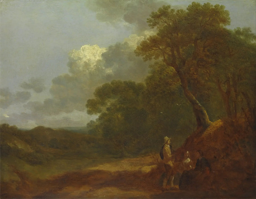 Paisagem arborizada com um homem conversando com duas mulheres sentadas - Thomas Gainsborough