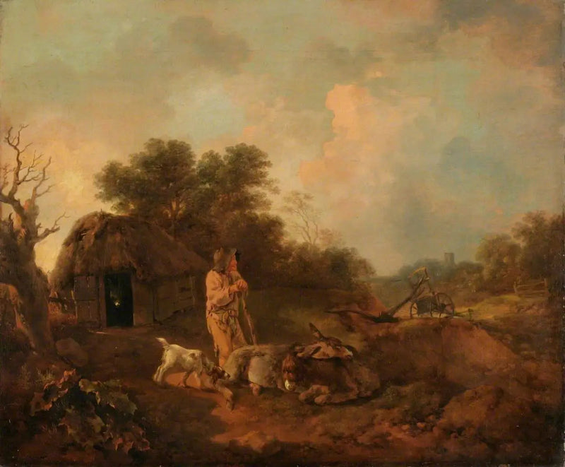 Paisagem arborizada com um velho camponês e burros fora de um celeiro, uma pá de arado e uma igreja ao longe - Thomas Gainsborough