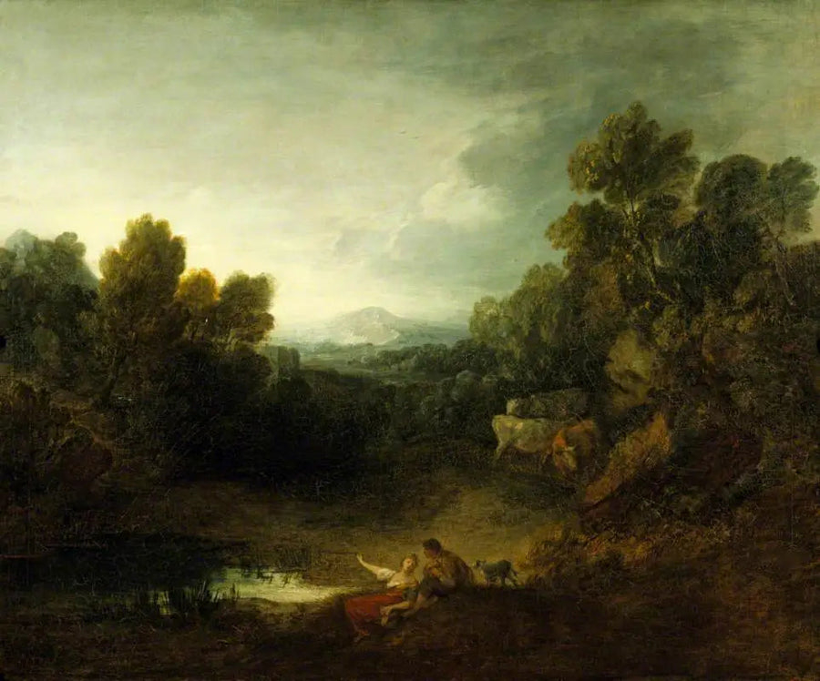 Paisagem rochosa com árvores e amantes rústicos à beira de uma piscina - Thomas Gainsborough