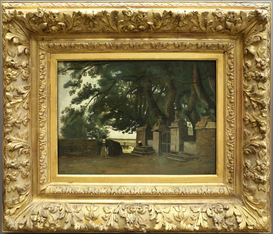 Paisagem Bretã. Uma grade sombreada por grandes árvores - Jean-Baptiste Camille Corot