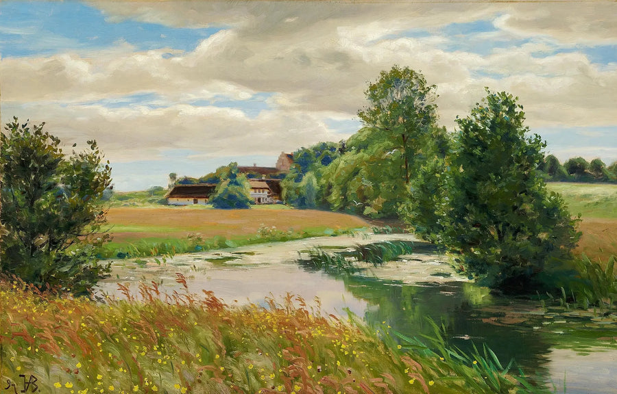 Paisagem de verão às margens de um rio perto de uma igreja. - H. A. Brendekilde