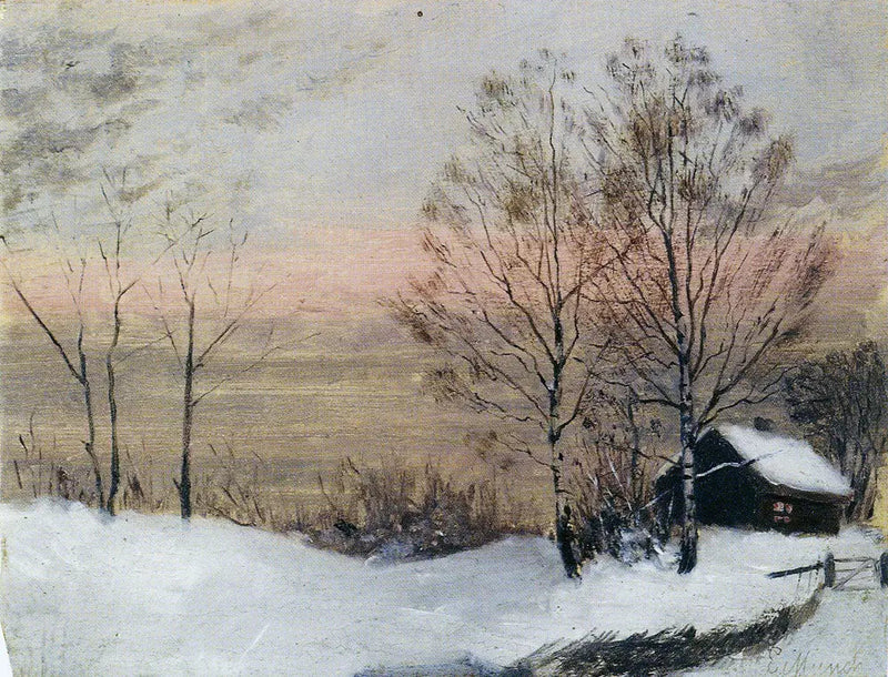 Paisagem de inverno com casa e céu vermelho - Edvard Munch