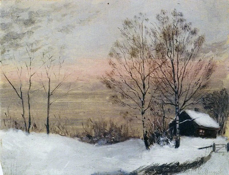 Paisagem de inverno com casa e céu vermelho - Edvard Munch