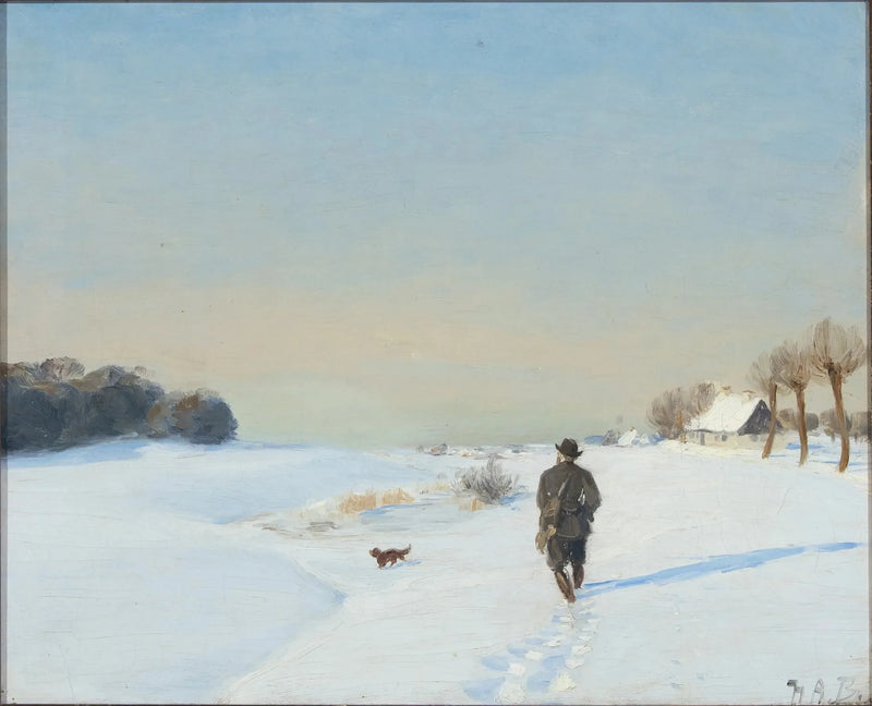 Paisagem de inverno com um caçador e seu cachorro em um dia ensolarado - H. A. Brendekilde