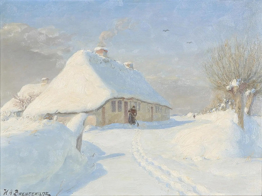Paisagem de inverno com uma mulher em uma fazenda. - H. A. Brendekilde