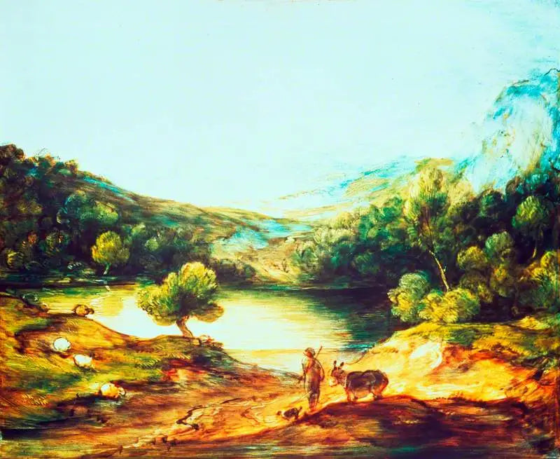 Paisagem de terras altas arborizadas com um pastor, um burro e ovelhas dispersas, um lago e uma aldeia e colinas ao longe - Thomas Gainsborough