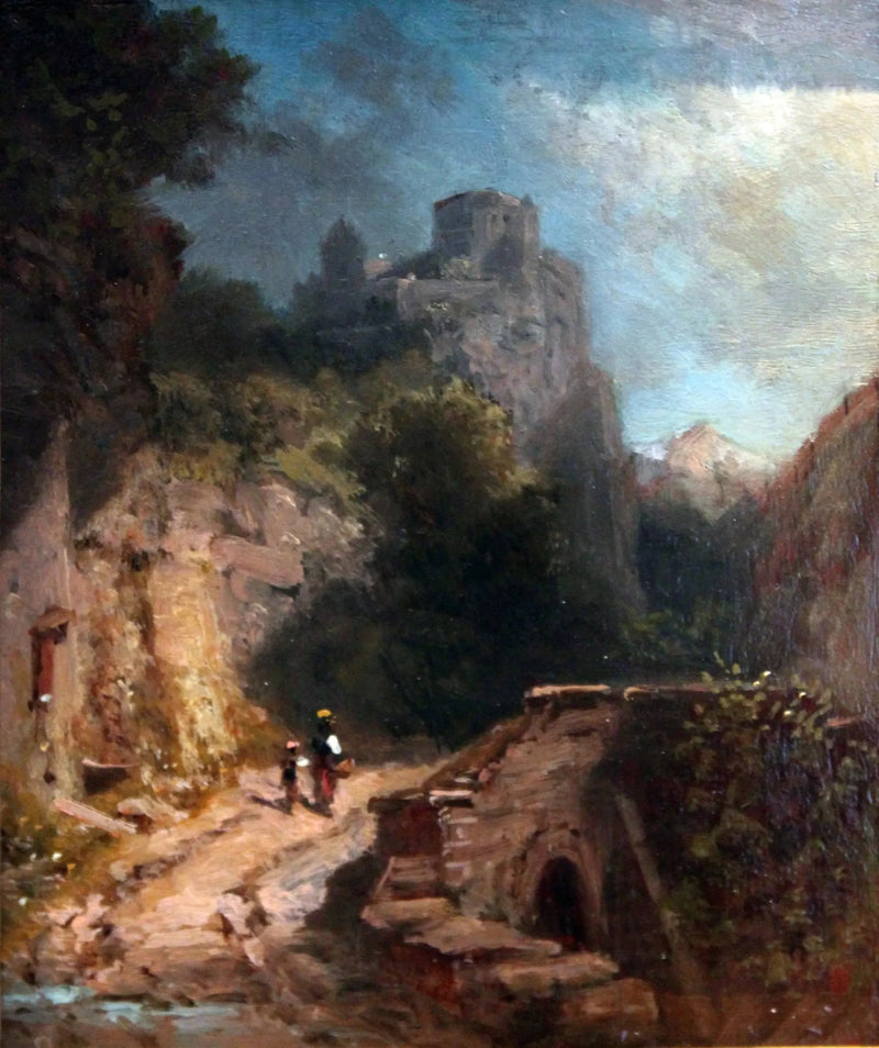 Paisagem de montanha com ponte e castelo - Carl Spitzweg