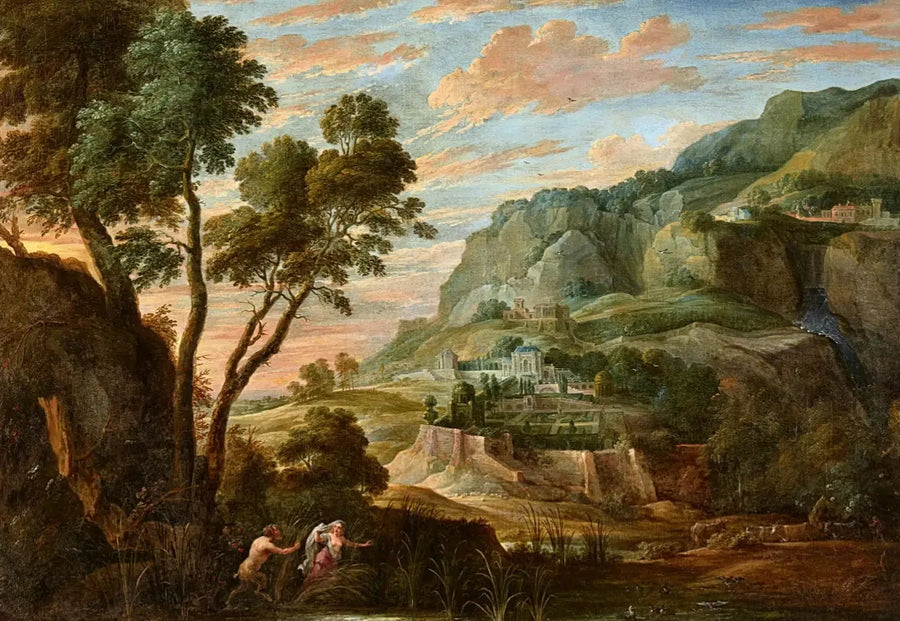 Paisagem panorâmica de montanha com Pan e Syrinx - David Teniers o Jovem