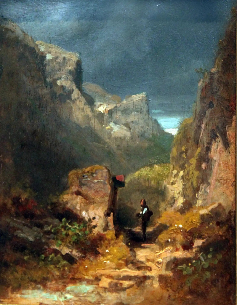 Paisagem de montanhas com um relicário em uma rocha - Carl Spitzweg
