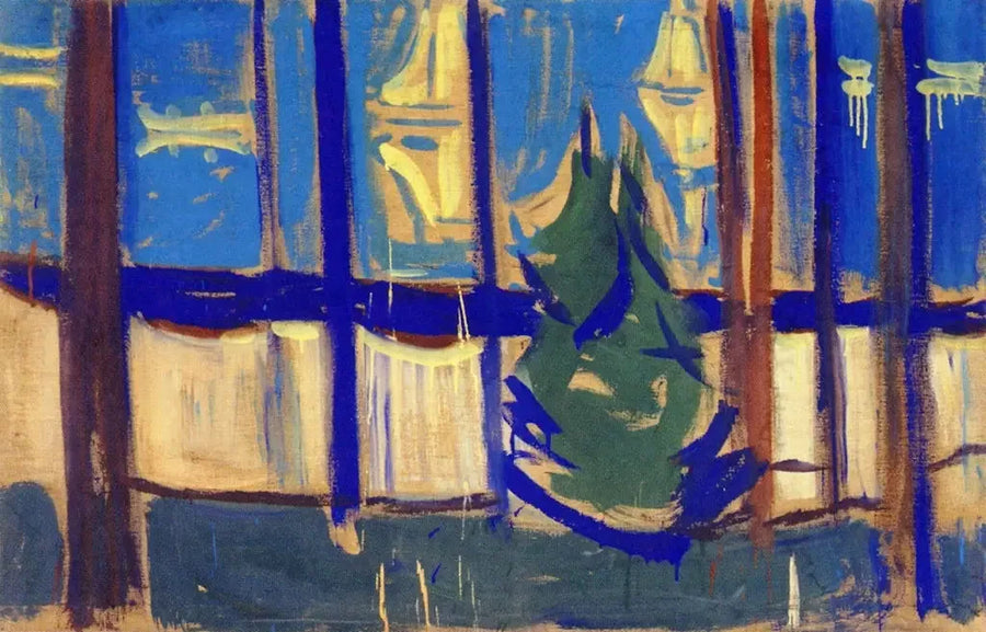 Paisagem de praia com árvores e barcos - Edvard Munch