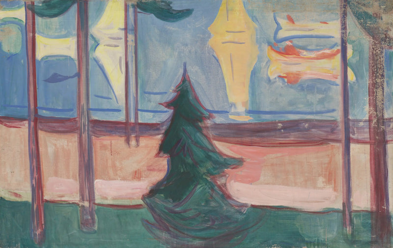 Paisagem de praia com árvores e barcos - Edvard Munch