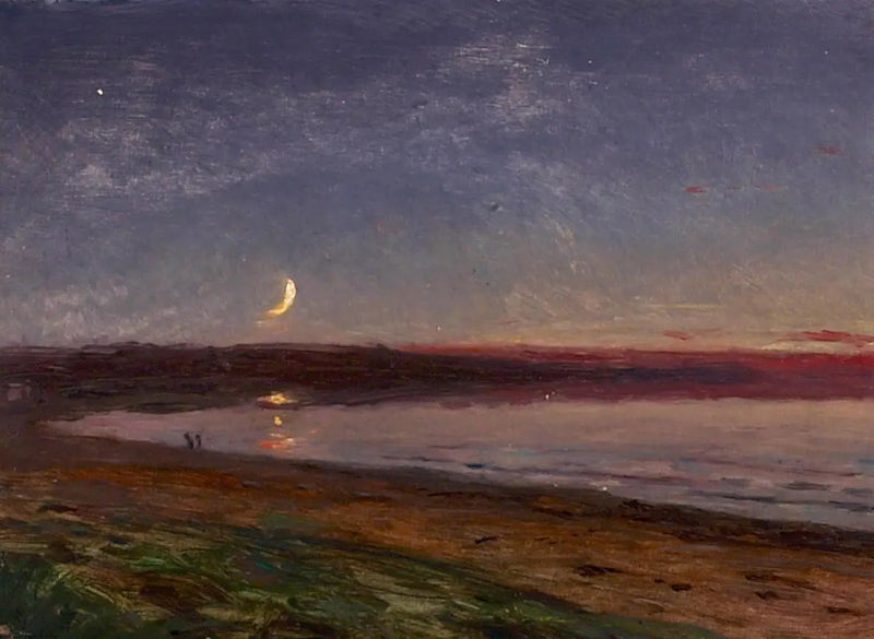 Paisagem de praia à noite com duas personagens. - Peder Severin Krøyer