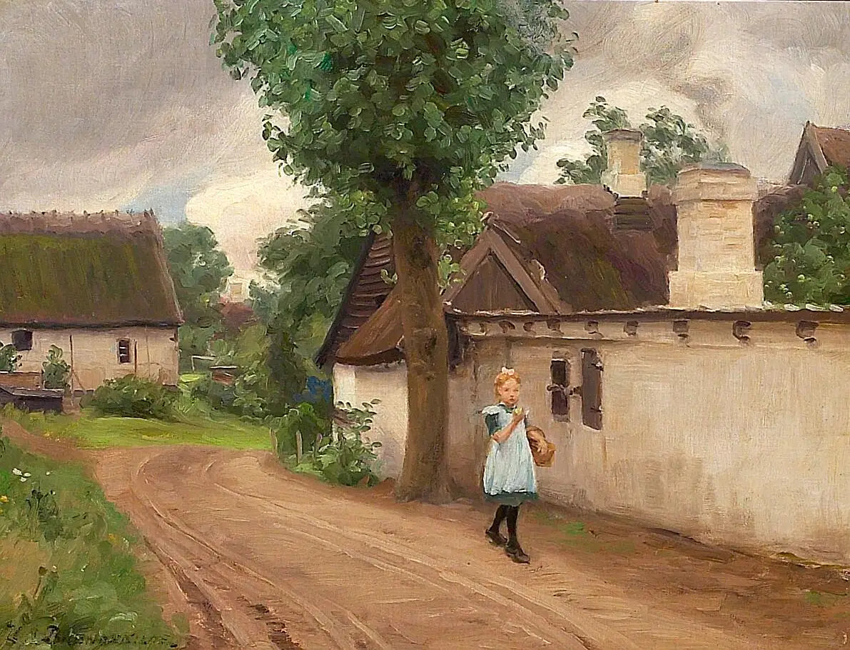 Paysage de village avec une jeune fille en robe bleue. - H. A. Brendekilde - Alpha Reproduction
