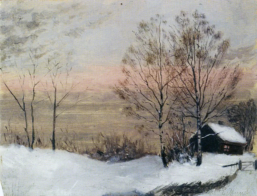 Reproduction du tableau « Paysage d'hiver avec maison et ciel rouge - Edvard Munch » par Alpha Reproduction en peinture à l’huile