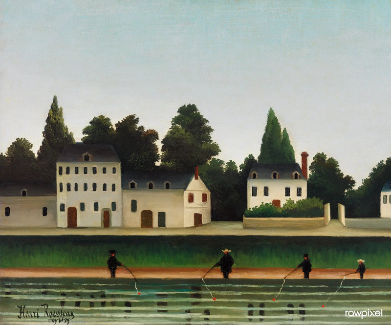Paisagem e quatro pescadores com vara - Henri Rousseau