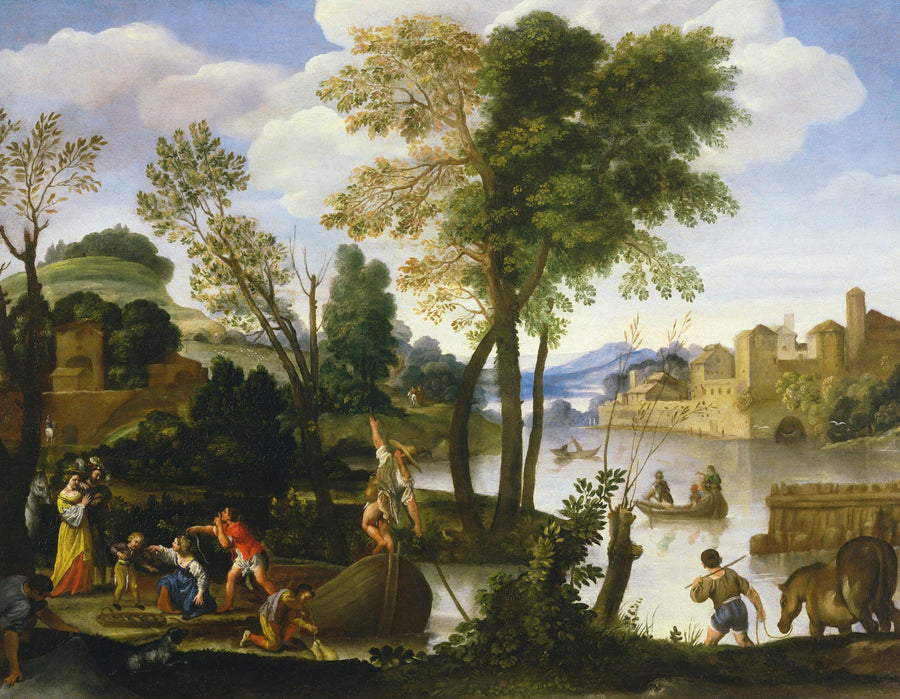 Paisagem fluvial com barqueiros e pescadores, um casal elegante passeando às margens do rio - Domenichino