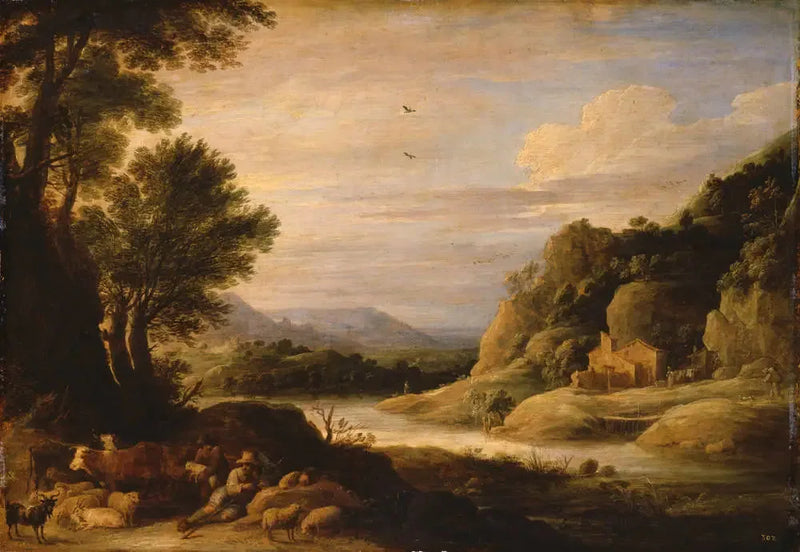 Paisagem fluvial com pastores e rebanhos descansando - David Teniers, o Jovem
