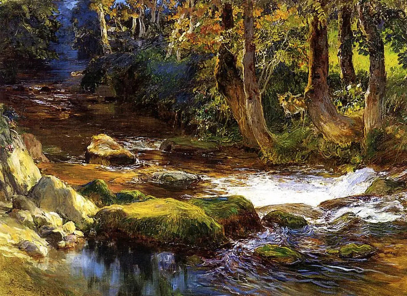 Paisagem fluvial com veados - Frederick Arthur Bridgman