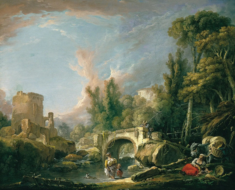 Paisagem fluvial com ruína e ponte - François Boucher