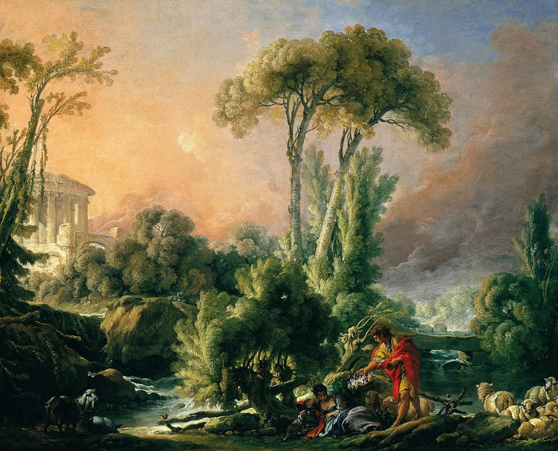 Paisagem fluvial com templo antigo - François Boucher