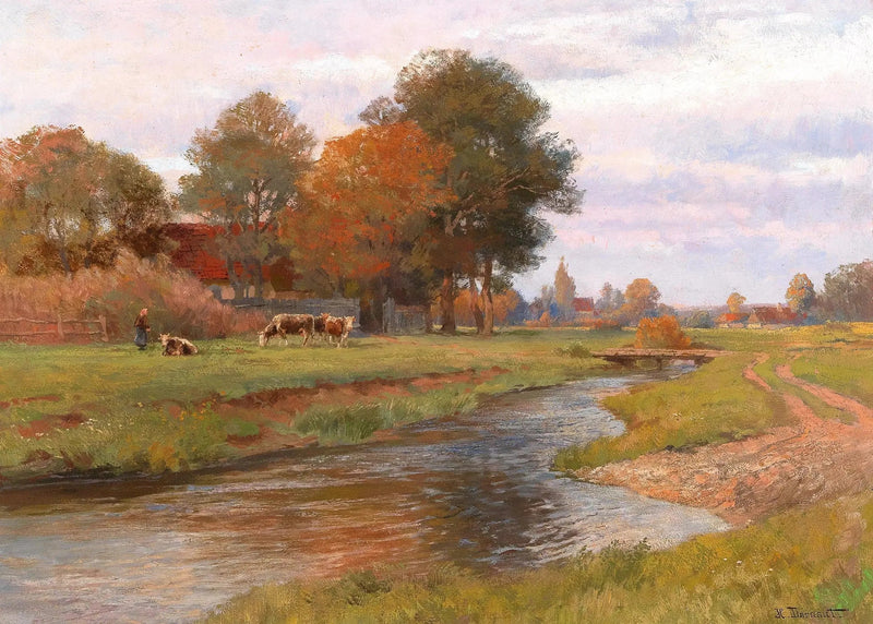 Paisagem fluvial com um pequeno rebanho de vacas e uma vila ao fundo - Hugo Darnaut
