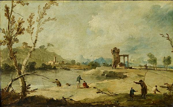 Paisagem fluvial com uma torre em ruínas e uma vila distante - Francesco Guardi