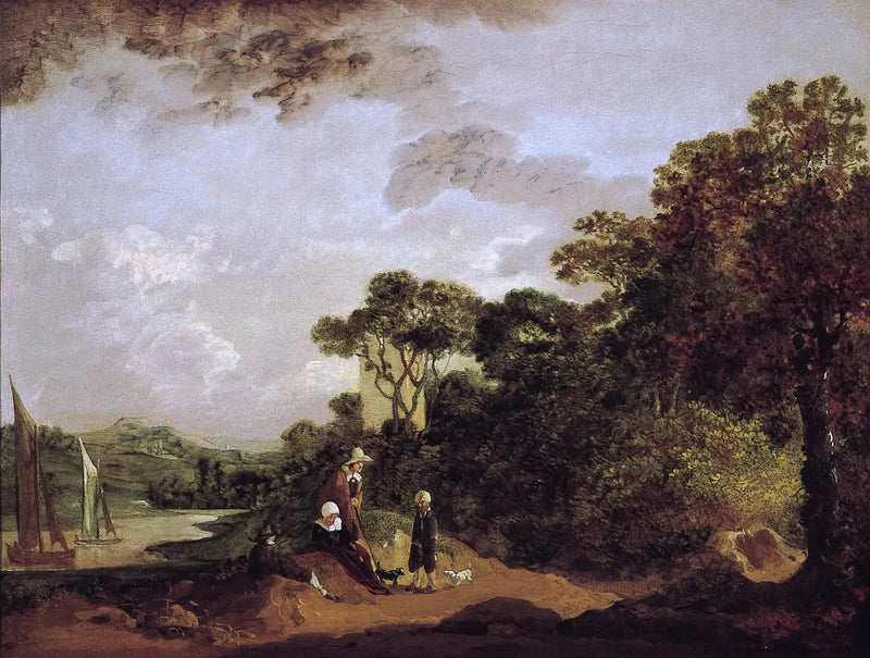 Paisagem fluvial arborizada com agricultores descansando e campanário de igreja - Thomas Gainsborough