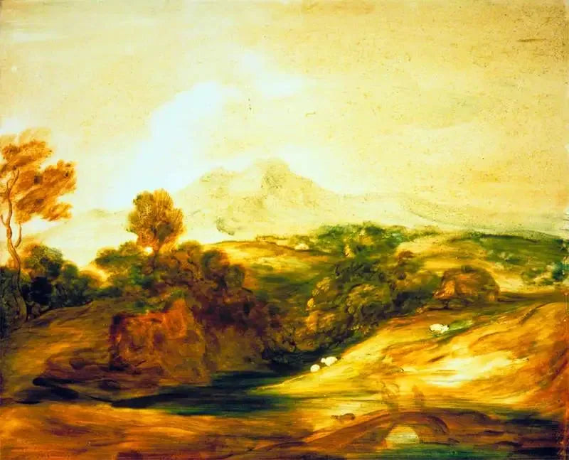 Paisagem fluvial arborizada com personagens em uma ponte, uma cabana, ovelhas e montanhas distantes - Thomas Gainsborough
