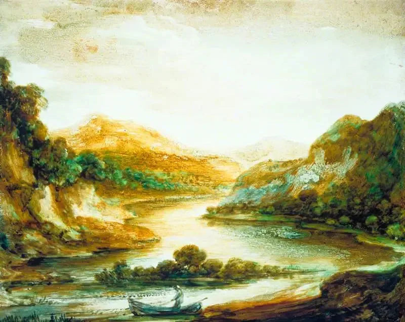 Paisagem fluvial arborizada com um pescador em uma barca, margens altas e montanhas distantes - Thomas Gainsborough