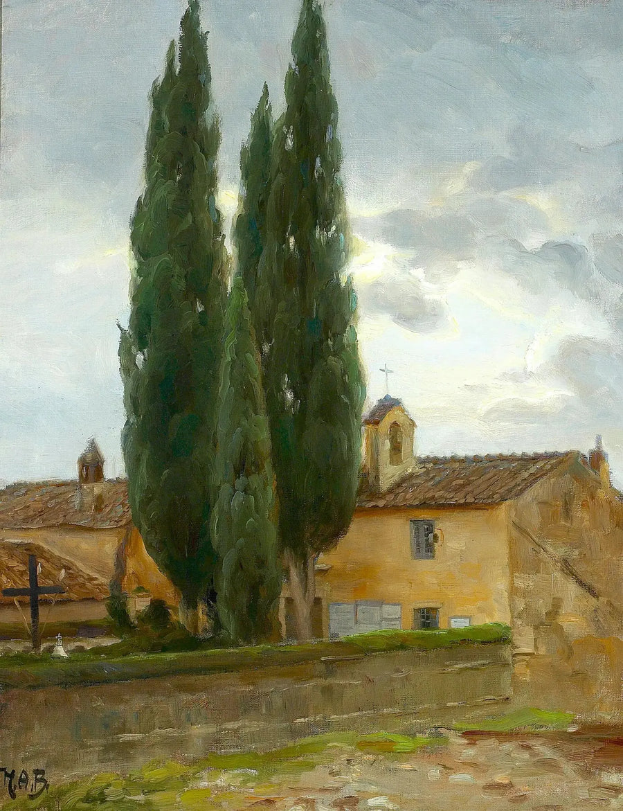 Paisagem italiana com um mosteiro e pinheiros. - H. A. Brendekilde