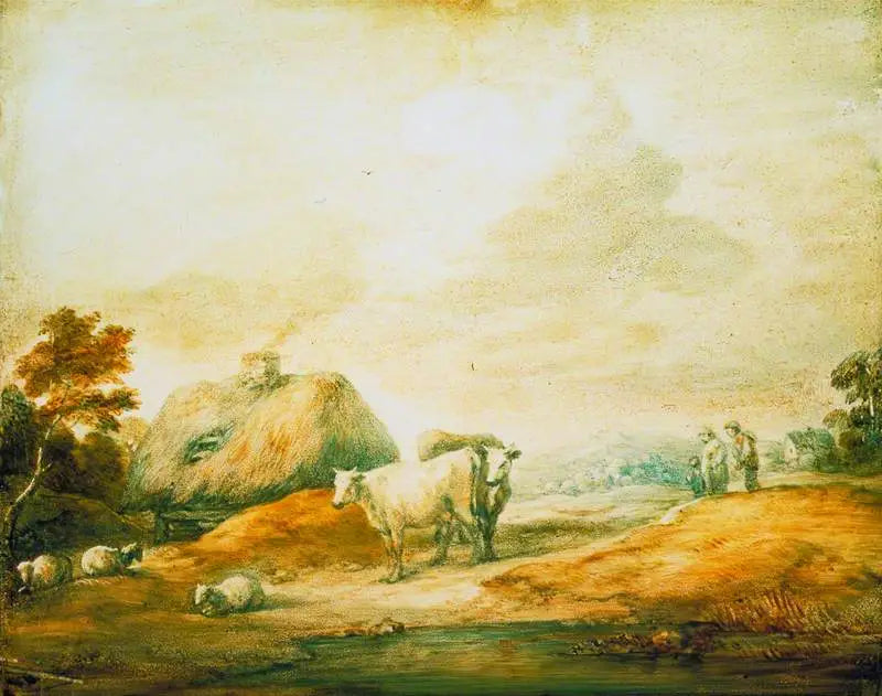 Paisagem aberta com agricultores, vacas, ovelhas, chalés e piscina - Thomas Gainsborough