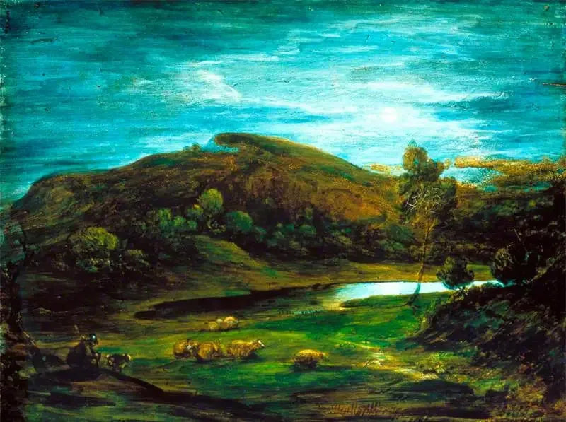 Paisagem aberta com um pastor, ovelhas, uma piscina e colinas distantes - Thomas Gainsborough