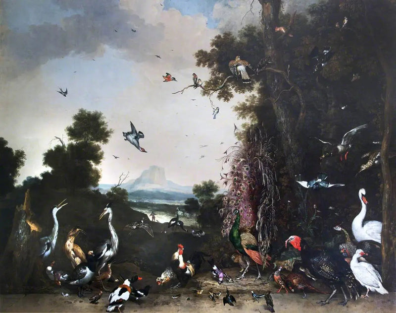 Paisagem aberta com aves de capoeira e aves aquáticas - Melchior de Hondecoeter