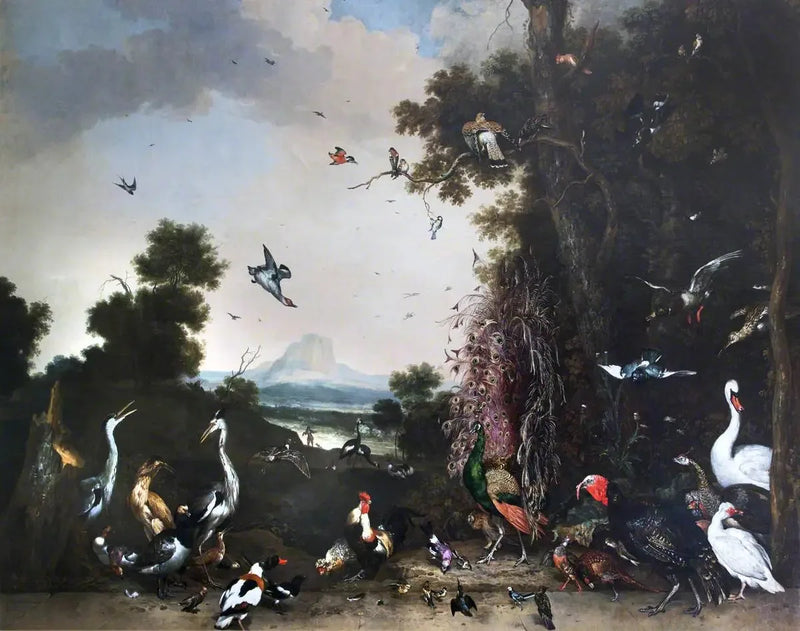 Paisagem aberta com aves de capoeira e aves aquáticas - Melchior de Hondecoeter