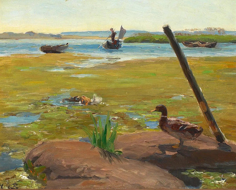 Paisagem perto de Jyllinge com um pato. Ao fundo, um homem fazendo punting. - H. A. Brendekilde