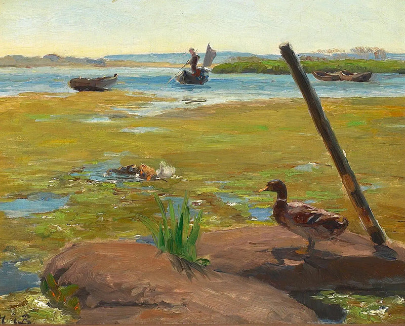 Paisagem perto de Jyllinge com um pato. Ao fundo, um homem fazendo punting. - H. A. Brendekilde