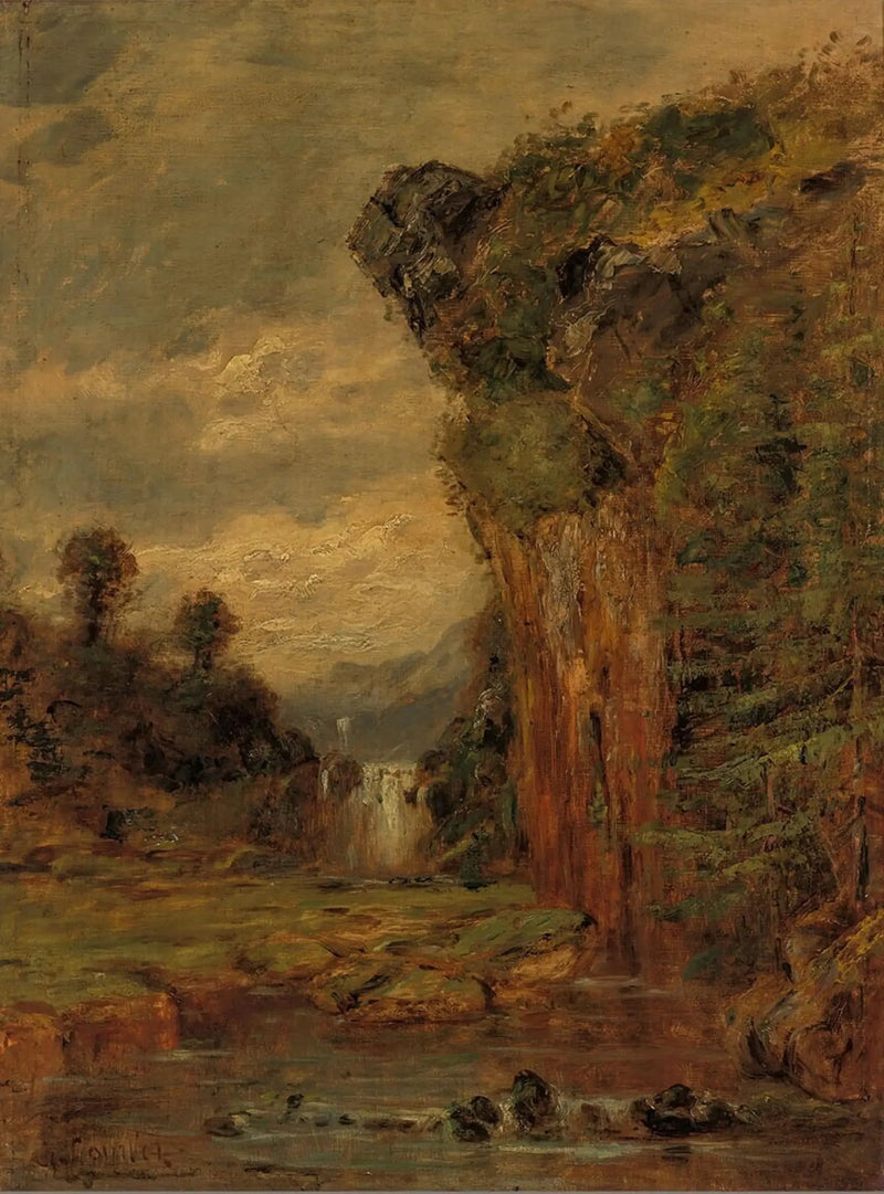 Paisagem rochosa com cachoeira - Gustave Courbet