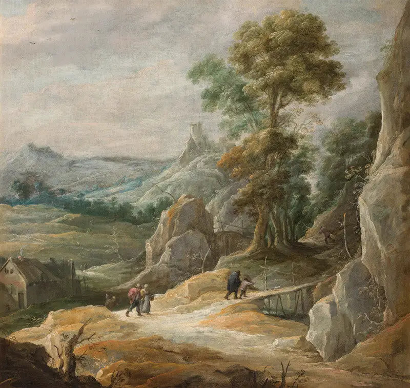 Paisagem rochosa com peregrinos - David Teniers, o Jovem