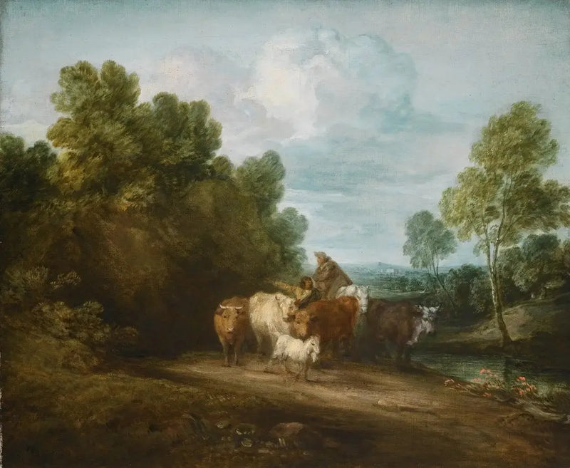 Paisagem rochosa e arborizada com fazendeiro a cavalo, pastor de gado e rebanho, e edifício ao longe - Thomas Gainsborough