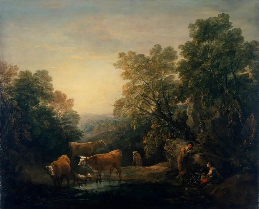 Paisagem rochosa e arborizada com amantes rústicos, um pastor e vacas - Thomas Gainsborough