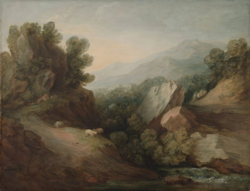 Paisagem rochosa e arborizada com um vale e uma represa - Thomas Gainsborough