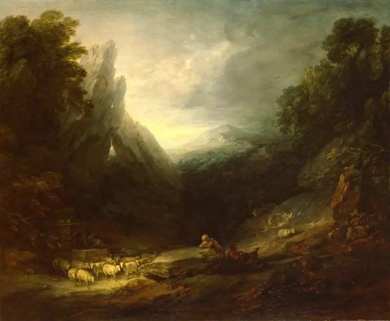 Paisagem romântica com ovelhas na fonte - Thomas Gainsborough