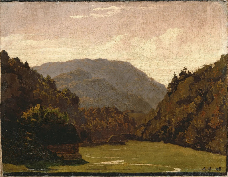 Paisagem ondulada com cabanas de toras e um riacho na planície - Arnold Böcklin