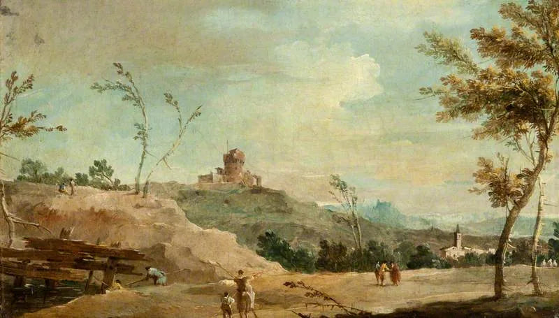 Paisagem ondulada com uma torre em ruínas - Francesco Guardi