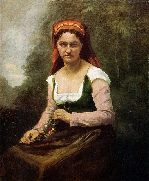 Camponesa sentada na vegetação, segurando uma guirlanda de flores - Jean-Baptiste Camille Corot